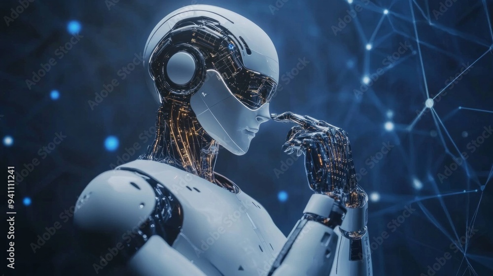 Poster a robot with a face and hands is looking at the camera