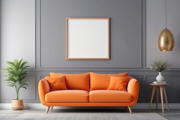 Orange Sofa in a Minimalist Living Room with a Blank Picture Frame