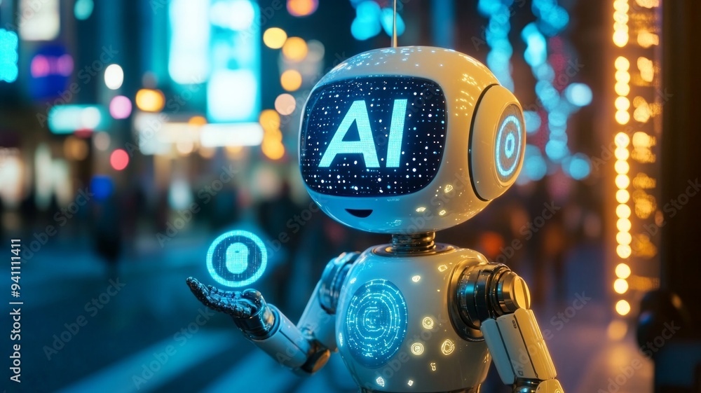 Poster a robot with the word ai on its face is holding a blue object