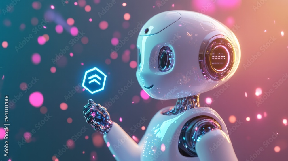Poster a robot is holding a sign that says 