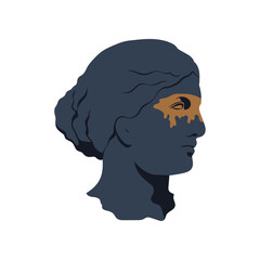 Greek woman face silhouette with flowing gold paint, effect on eyes in 2000s. Modern y2k ancient statue character illustration, icon, sticker. Vector 