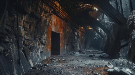 A neglected industrial interior with peeling paint and debris-littered floor, presenting an atmosphere of decay and abandoned history.