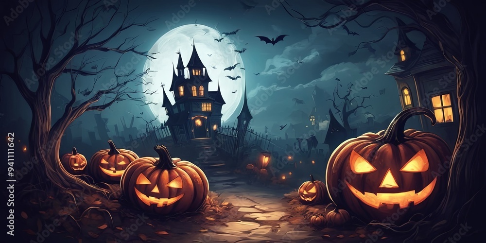 Poster a halloween scene with a castle and a moon in the background