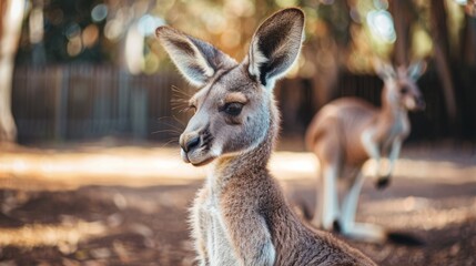 Fototapeta premium A curious kangaroo stands alert in a fenced enclosure, with another kangaroo in the background, illustrating an interaction in a controlled environment.