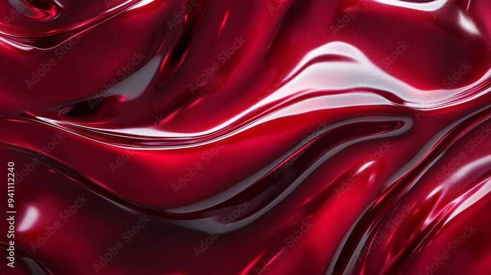 Poster smooth flowing red liquid with glossy and reflective surfaces creating an abstract pattern
