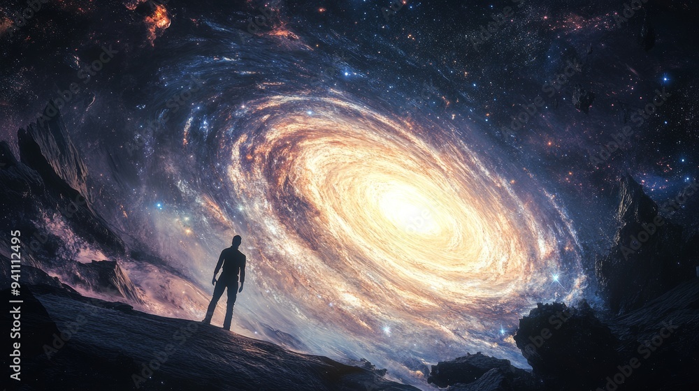 Poster a man stands in front of a huge galaxy surrounded by stars and space, creating a feeling of the vast
