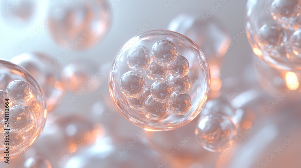Poster 3d rendering of transparent cells with a glowing orange nucleus floating in a soft environment