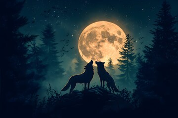 Wolves howling beneath a luminous full moon, surrounded by dark, dense forest, evoking a sense of wild beauty and the mysteries of nature at night.