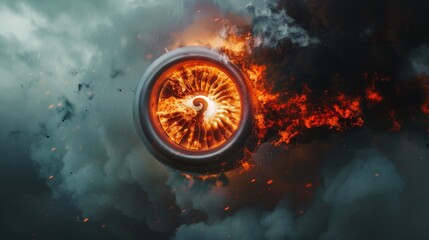 A jet engine engulfed in flames against a stormy sky, capturing the raw power and danger associated with aviation technology.