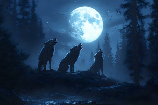 Moonlit howls, three majestic wolves silhouetted against a luminous full moon, deep forest surrounds, evoking mystery and wild beauty in the serene night.