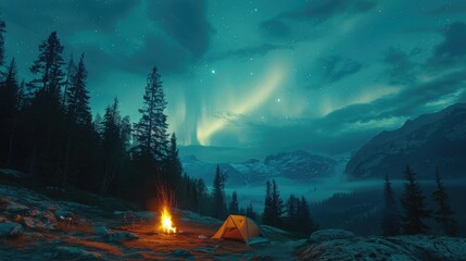Obraz premium Campsite with Fire, Tent, and Mountains Under a Starry Sky