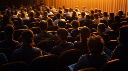 Obraz premium An audience attentively watches a performance in a theater, bathed in a warm, golden light.