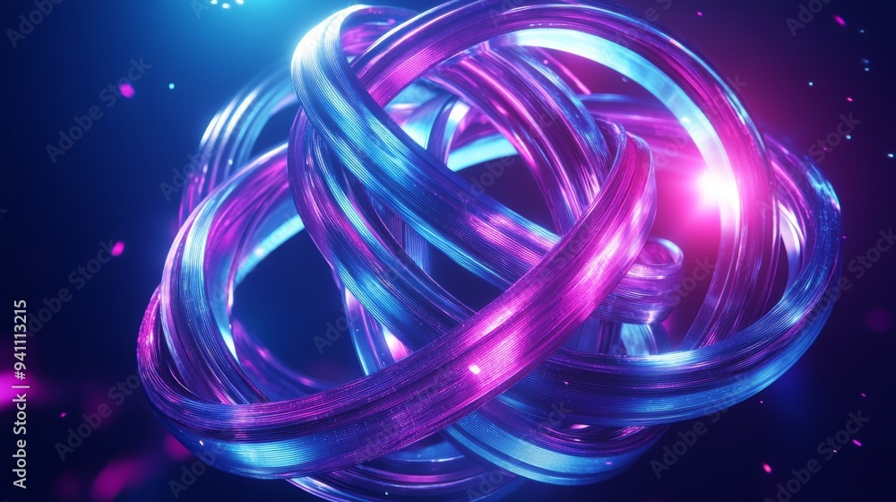 Wall mural twisting neon rings in vibrant shades of blue and purple against a dark space