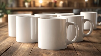 A row of white coffee mugs sit on a wooden table