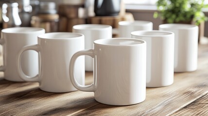 A row of white coffee mugs sit on a wooden table