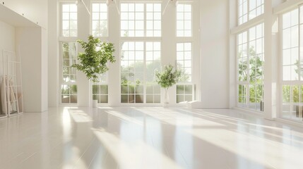 Fototapeta premium Sunlit room with large windows, lush potted plants, and a clean, minimalist design, offering a refreshing and airy ambiance.