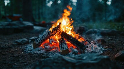 Naklejka premium A crackling campfire burns brightly in a forest clearing, surrounded by rocks and glowing embers.