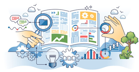 Content analysis and qualitative information research outline hands concept, transparent background.Fact check for fake news and interpretation illustration.