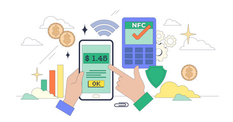Digital payments system for money transfer tiny person neubrutalism concept, transparent background.Safe online shopping using contactless method illustration.
