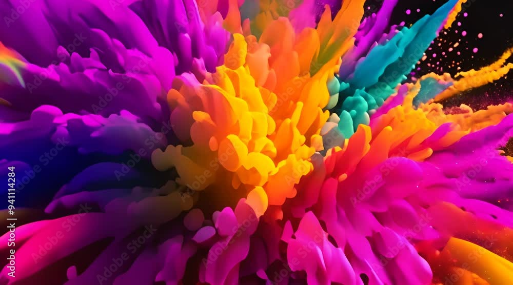 Poster explosion of bright colorful paint on black background burst of multicolored powder abstract pattern
