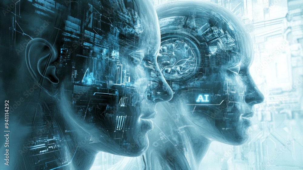 Poster two computer generated faces with a blue background