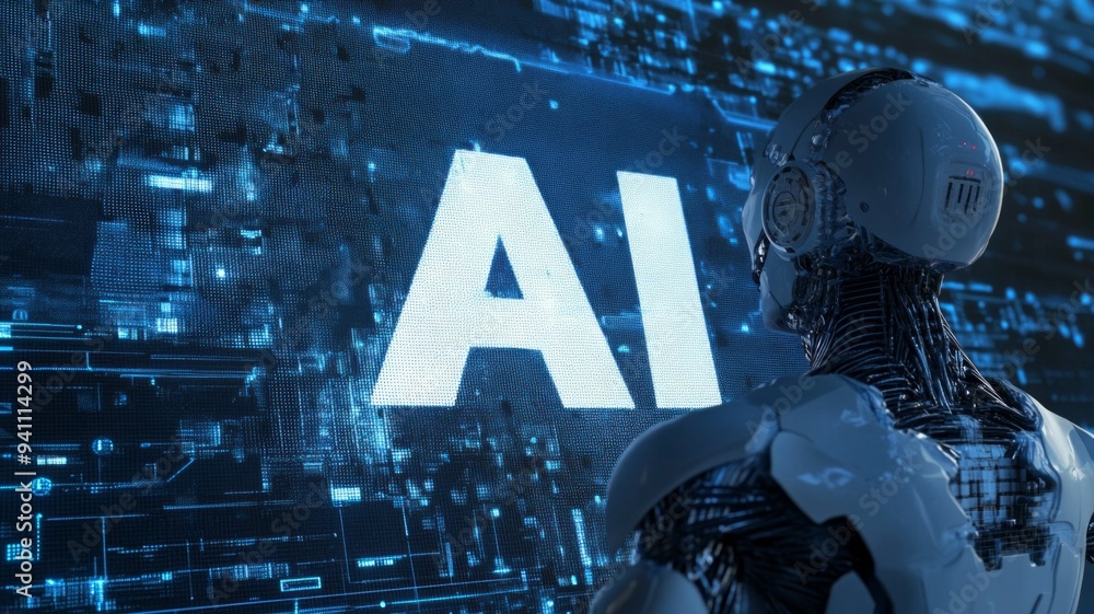 Poster a robot is standing in front of a large screen that says ai