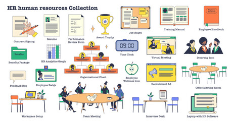 Fototapeta premium HR or human resources management in tiny person neubrutalism collection set, transparent background. Labeled elements with employee leadership.