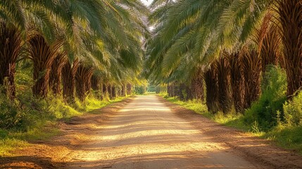 Fototapeta premium A dirt road lined with palm trees, sunlight shining through the leaves.