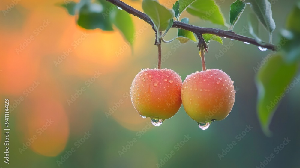 Poster two apples hanging from a tree branch with raindrops on them