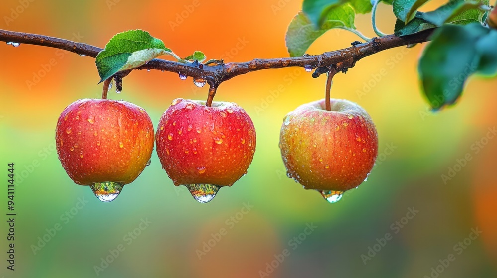 Poster three apples hanging from a tree with raindrops on them