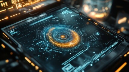High-tech device projecting a holographic interface with vibrant graphics in a futuristic setting