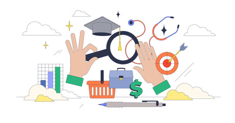 Market segmentation with group division tiny person neubrutalism concept, transparent background. Customer classification based on behavioral, demographic or other characteristics.