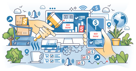 Online auction and digital bid website for purchases outline hands concept, transparent background. Sale competition with bidding process to sale product for best price illustration.