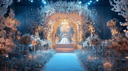 Obraz premium A wedding reception hall with a long white archway and a large white dresser