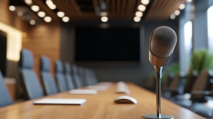 A microphone is on a table in front of a large group of people