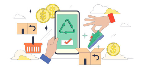 Reverse commerce to buy products cheaper tiny person neubrutalism concept, transparent background. Recommerce business for second hand clothing and returned goods reselling illustration.