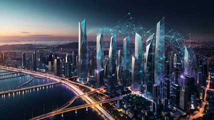 Naklejka premium city lights, modern city, technology connectivity, Ai