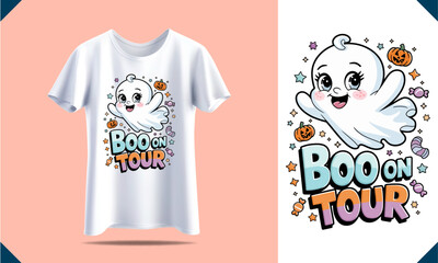 Boo on Tour Halloween Celebrating Ghost Funny T-shirt Design Template Ready for Print