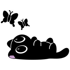 Adorable black cats playing with butterflies in a whimsical illustration for playful designs