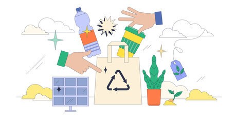 Sustainable retail and environmental product choice tiny neubrutalism concept, transparent background. Reusable and organic retail store for nature friendly and ecological lifestyle illustration.