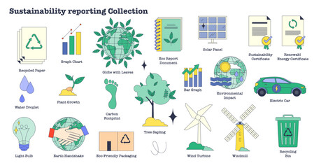 Sustainability reporting to reduce CO2 tiny person neubrutalism collection, transparent background. Labeled environmental and ecological elements illustration.