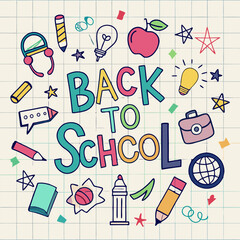  A fun and colorful back-to-school illustration with doodles of school supplies, a globe, an apple, and more. Perfect for adding a touch of whimsy to your designs.