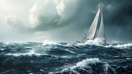 A sailboat braving stormy weather in the middle of an enraged ocean under a heavy sky, defining adventure and determination.