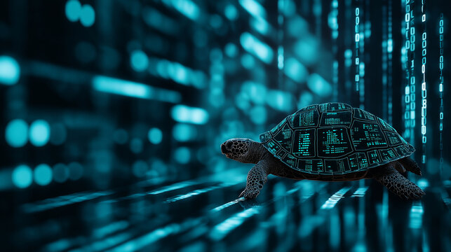 A turtle with a shell made of overlapping data columns, representing the protective and secure nature of structured data.