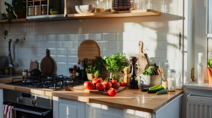 A kitchen bathed in warm sunlight with fresh tomatoes and herbs, reflecting a homely, natural charm and culinary enthusiasm in a neatly organized space.