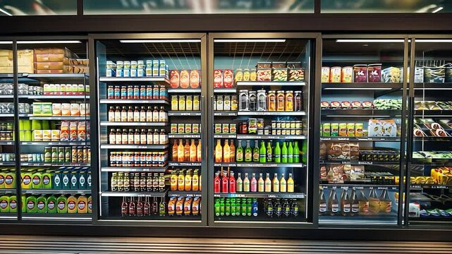 Convenience store refrigerated section showcasing cold drinks and fresh food items