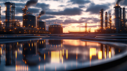 Fototapeta premium Gigantic LNG storage tank with visible vapor clouds, set in a high-tech industrial complex with interconnected pipelines and energy facilities