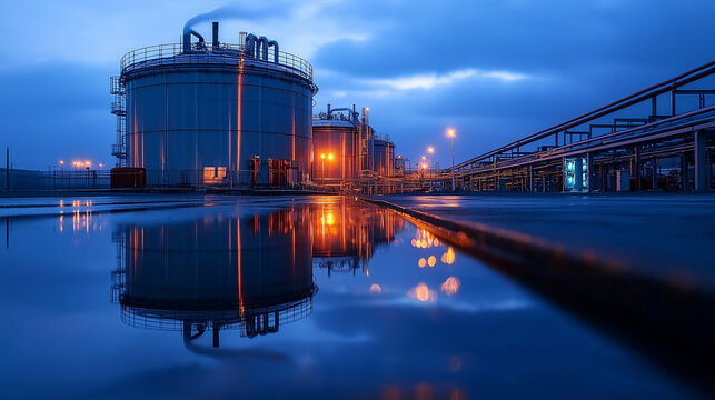 A large LNG storage tank with reflective surfaces, standing in the middle of an expansive industrial area, with cooling systems and pipes extending into the distance