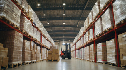 Warehouse forklift loading boxes on pallets, e-commerce logistics concept