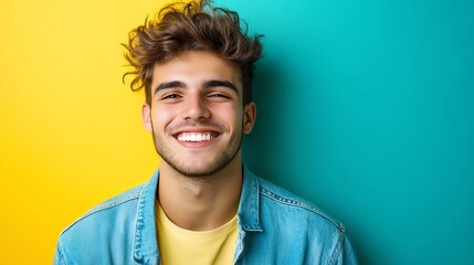 Fototapeta premium A young man with curly hair smiles at the camera, standing in front of a yellow and blue background.
